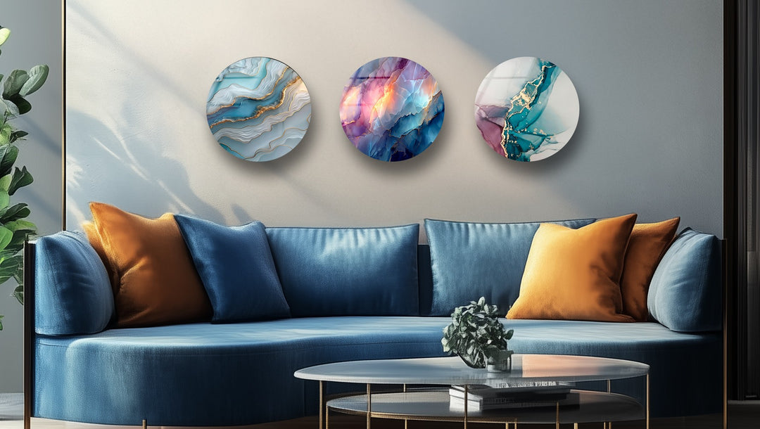Crystal Flow Round Glass Wall Art Set – Abstract Agate-Inspired Design