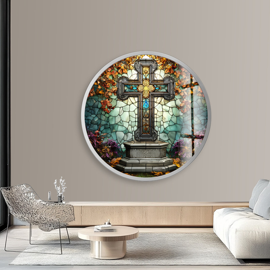 Stained Glass Cross Garden Scene – Round Glass Wall Art