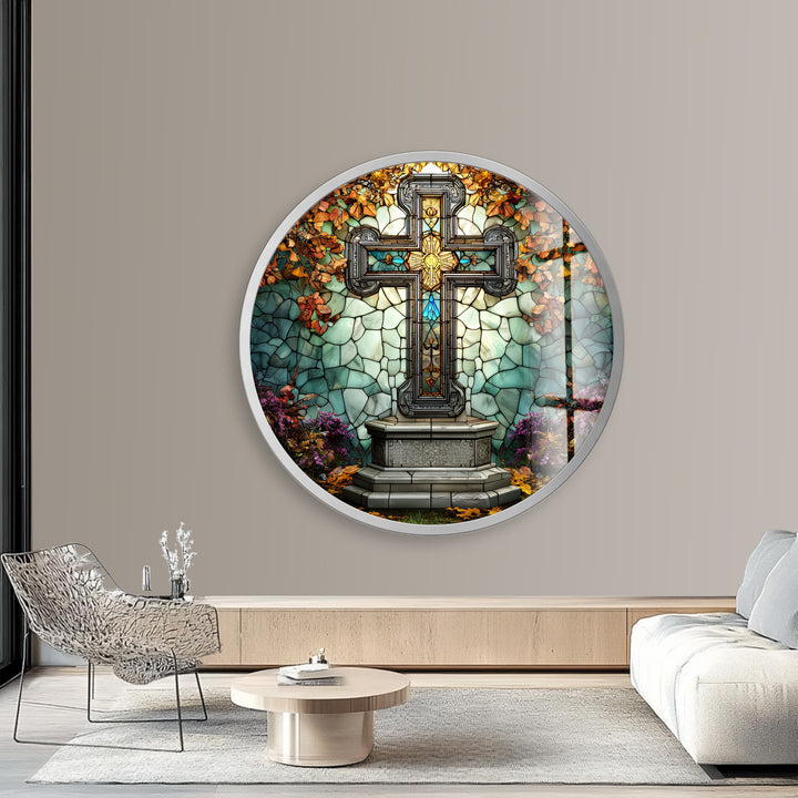 Stained Glass Cross Garden Scene – Round Glass Wall Art