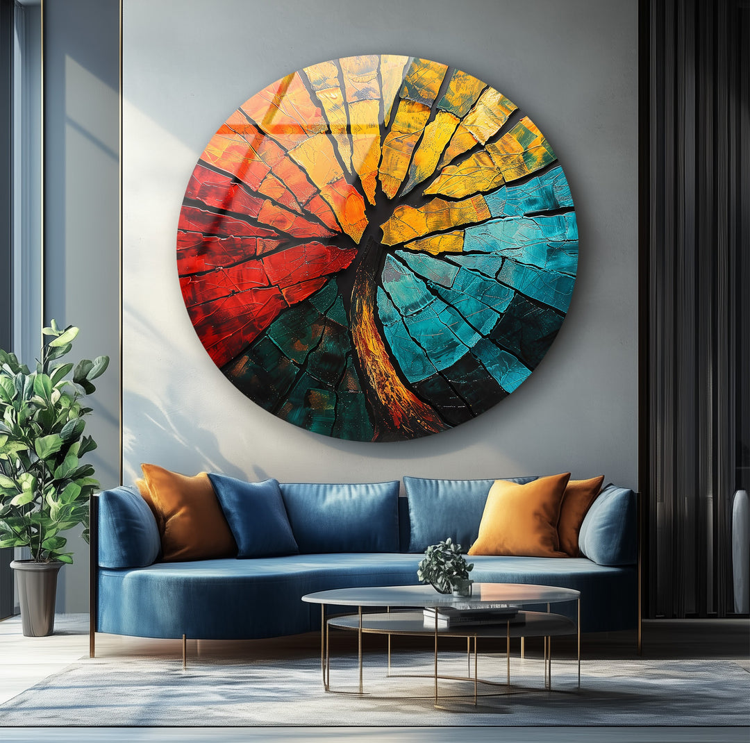 Elemental Fusion – Fiery Abstract Tree Round Glass Wall Art