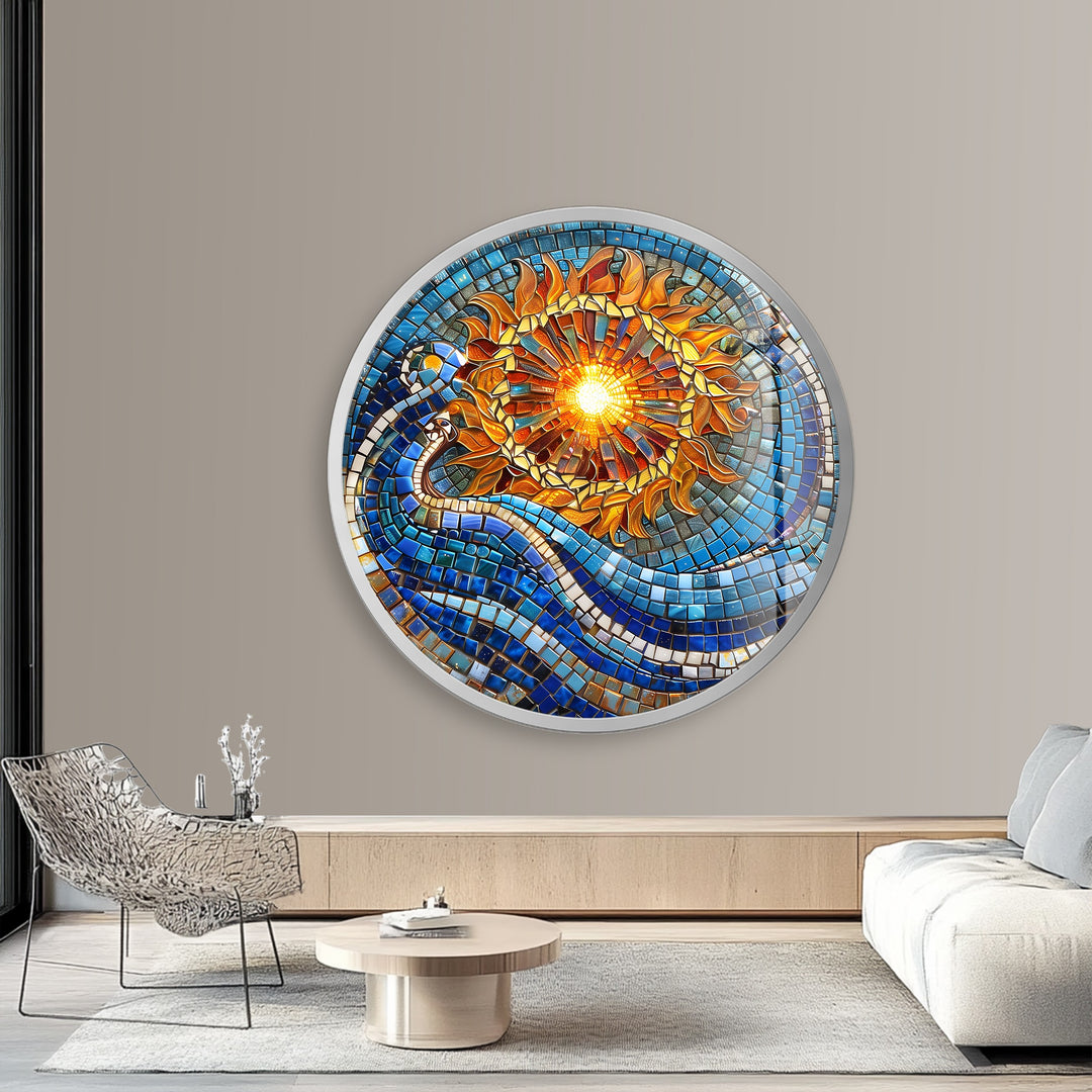 Solar Flow – Blue and Gold Mosaic Round Glass Wall Art