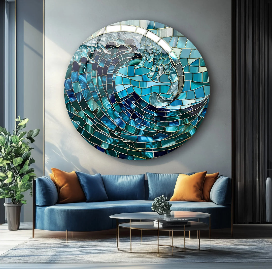 Ocean Wave Mosaic Round Glass Wall Art - MyPhotoStation