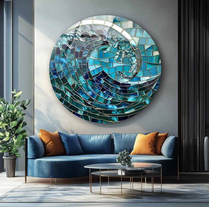 Ocean Wave Mosaic Round Glass Wall Art - MyPhotoStation