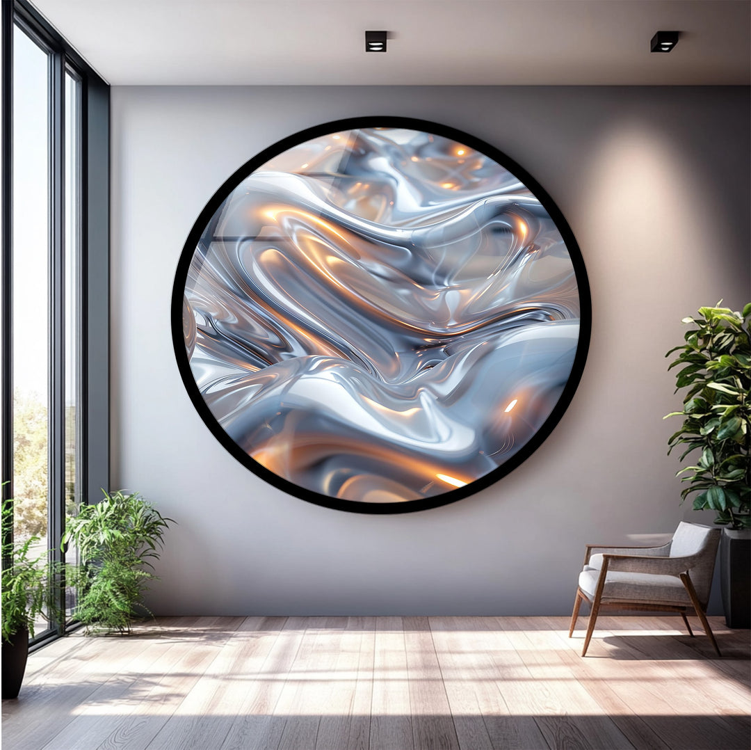Ethereal Silver Glow – Abstract Fluid Metal Design Glass Wall Art