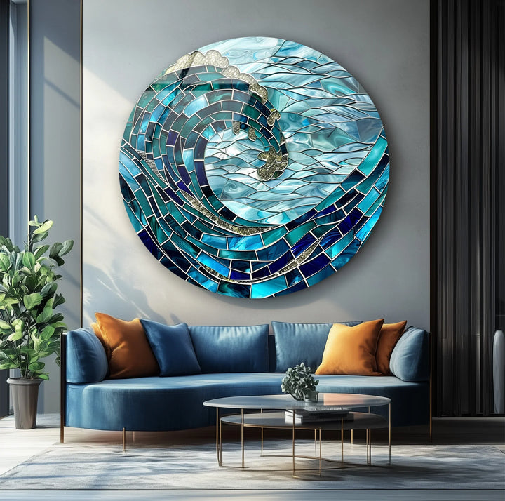 Golden Crest Wave Mosaic Round Glass Wall Art - MyPhotoStation