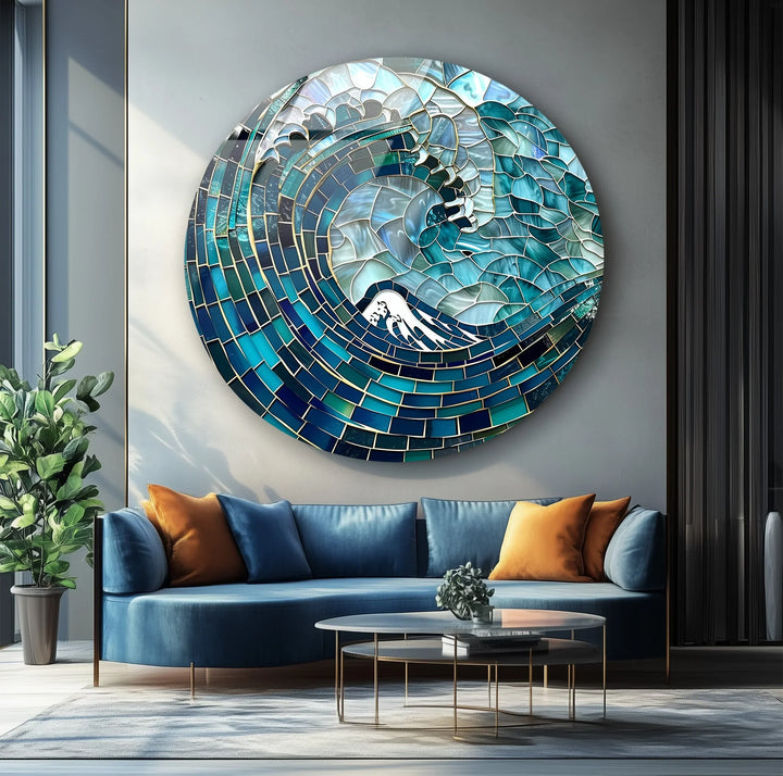 Deep Sea Wave Mosaic Round Glass Wall Art - MyPhotoStation