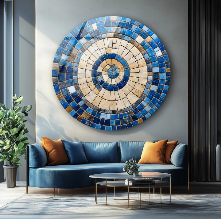 Coastal Sunburst – Beige & Blue Round Glass Wall Art - MyPhotoStation