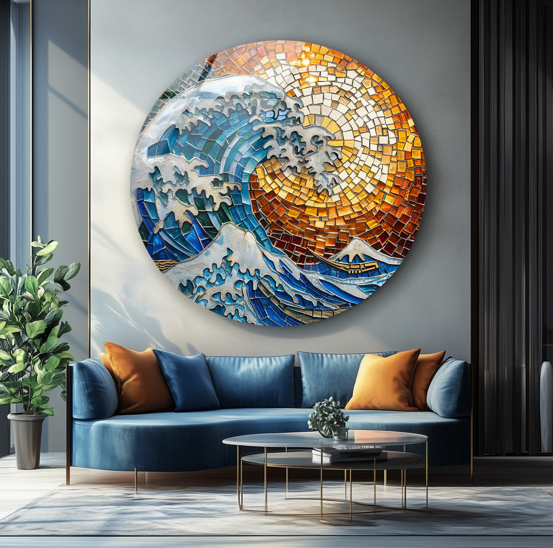 Golden Wave – Mosaic Ocean Round Glass Wall Art