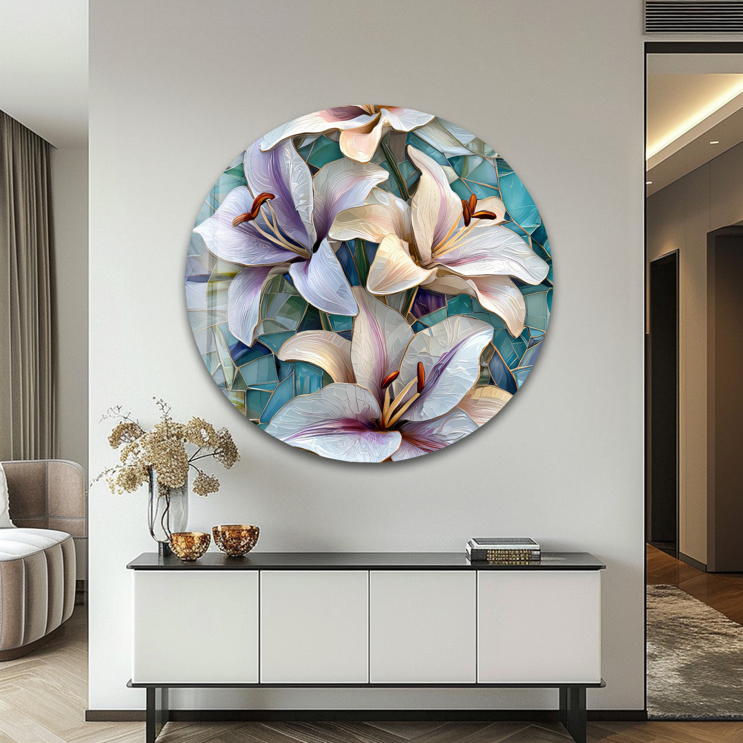 Ocean Lilies – Blue Mosaic Floral Glass Wall Art