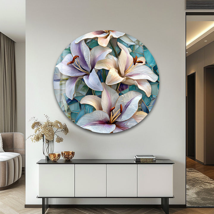 Ocean Lilies – Blue Mosaic Floral Glass Wall Art