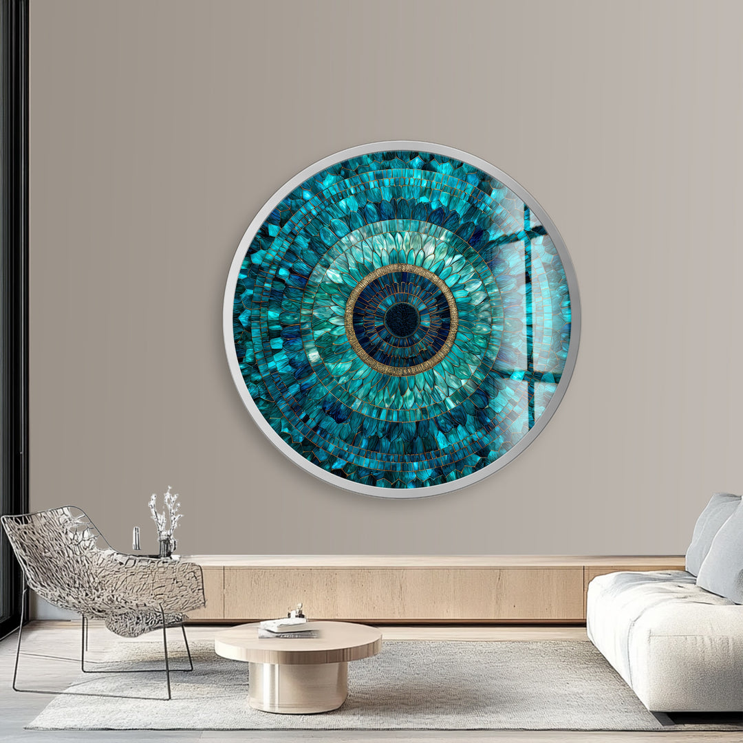 Emerald Mandala Radiance – Round Glass Wall Art
