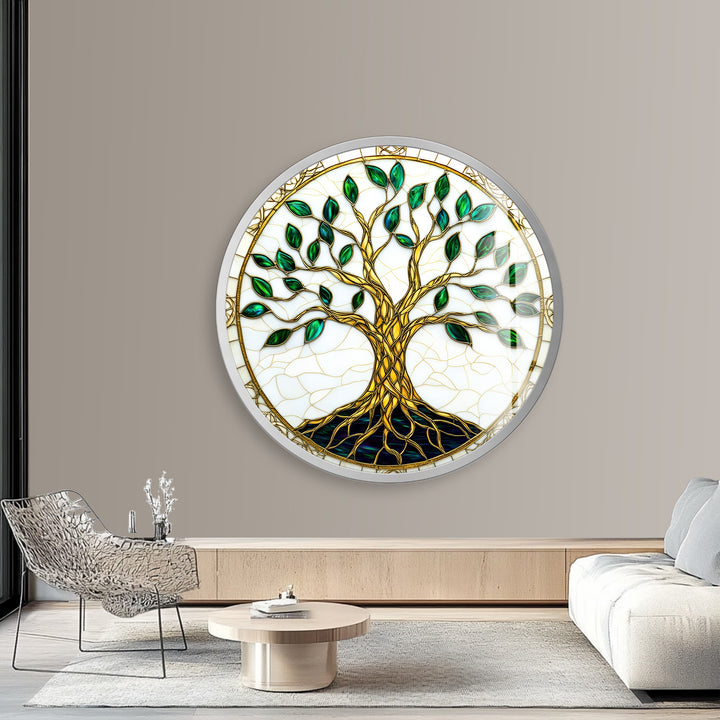 Golden Roots of Harmony – Round Glass Wall Art
