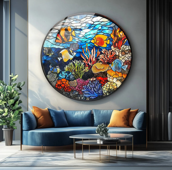 Coral Reef Mosaic Round Glass Wall Art - MyPhotoStation