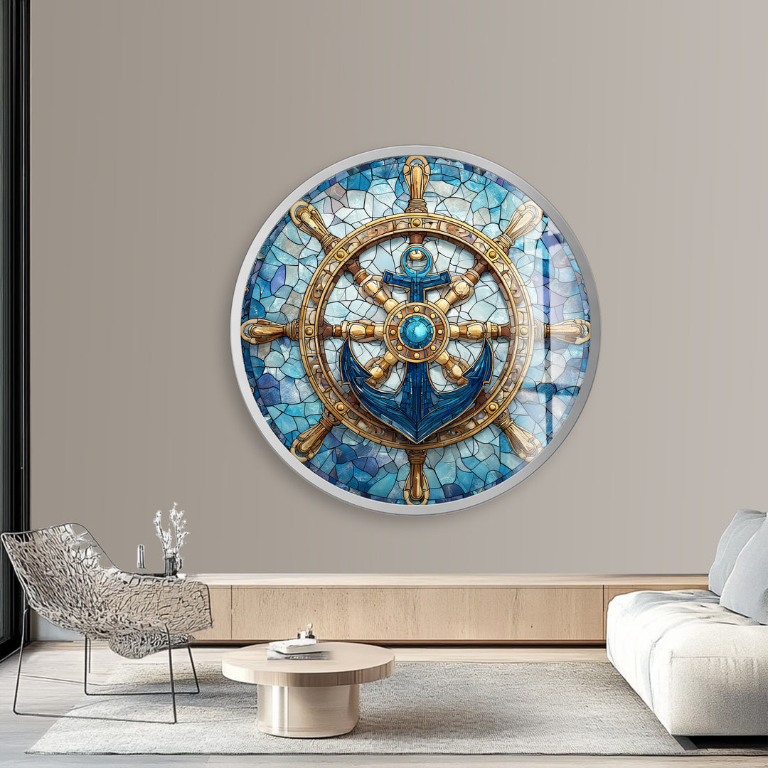 Nautical Helm & Anchor – Round Glass Wall Art