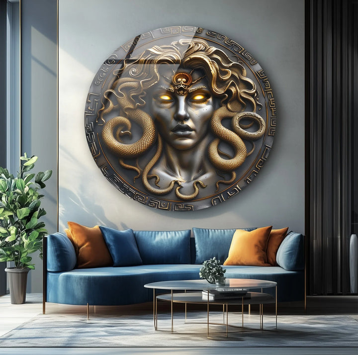 Medusa Gaze – Mythological Round Glass Wall Art - MyPhotoStation