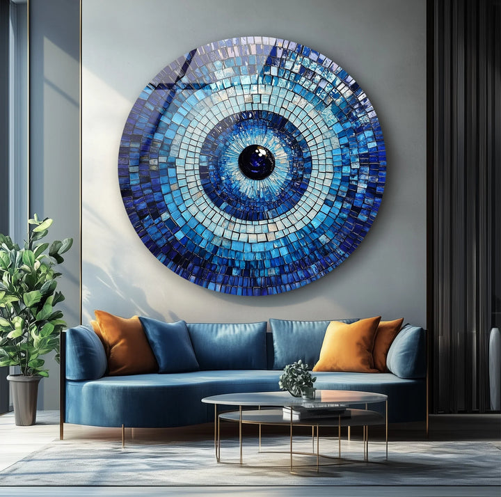 Blue Mosaic Evil Eye – Round Glass Wall Art - MyPhotoStation