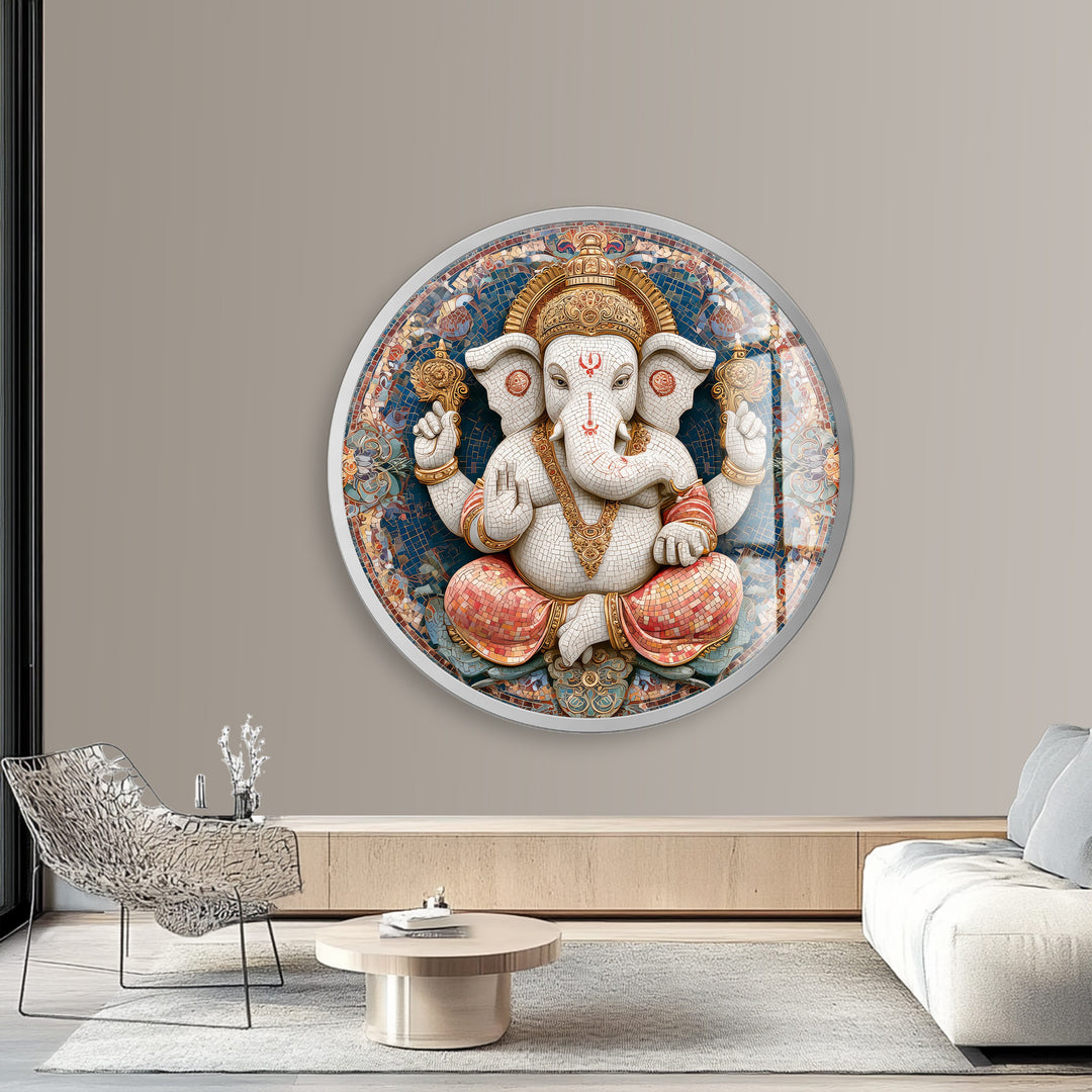 Divine Lotus Ganesha – Round Glass Wall Art