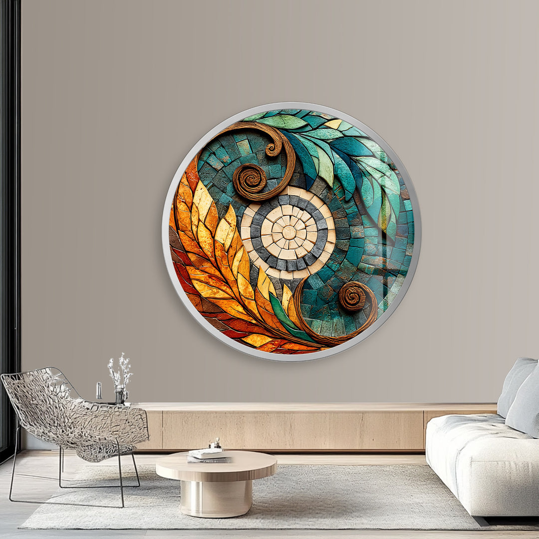 Solar Leaf Harmony – Round Glass Wall Art
