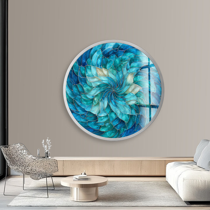 Ocean Bloom Spiral – Round Glass Wall Art