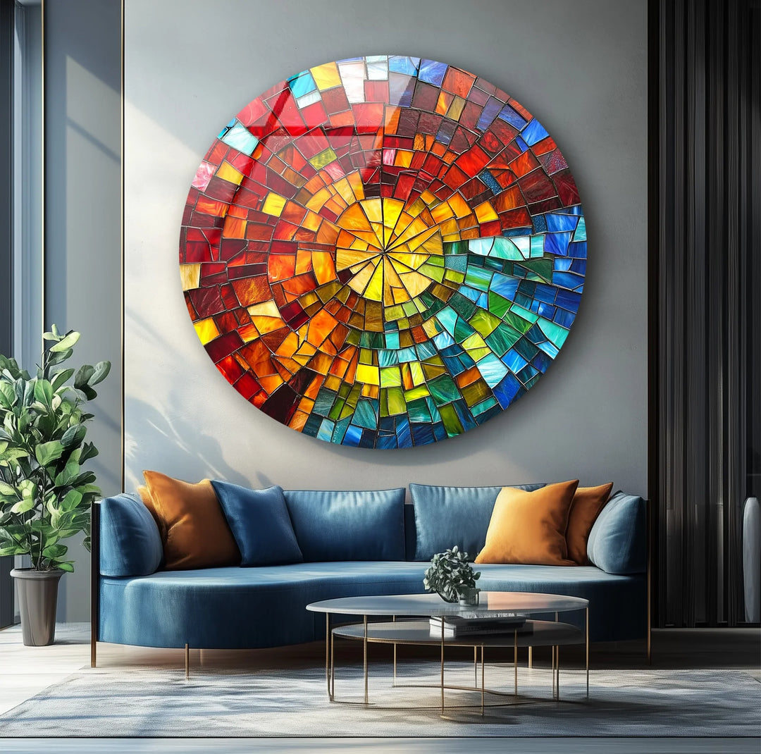 Sunburst Spectrum Mosaic Round Glass Wall Art - MyPhotoStation