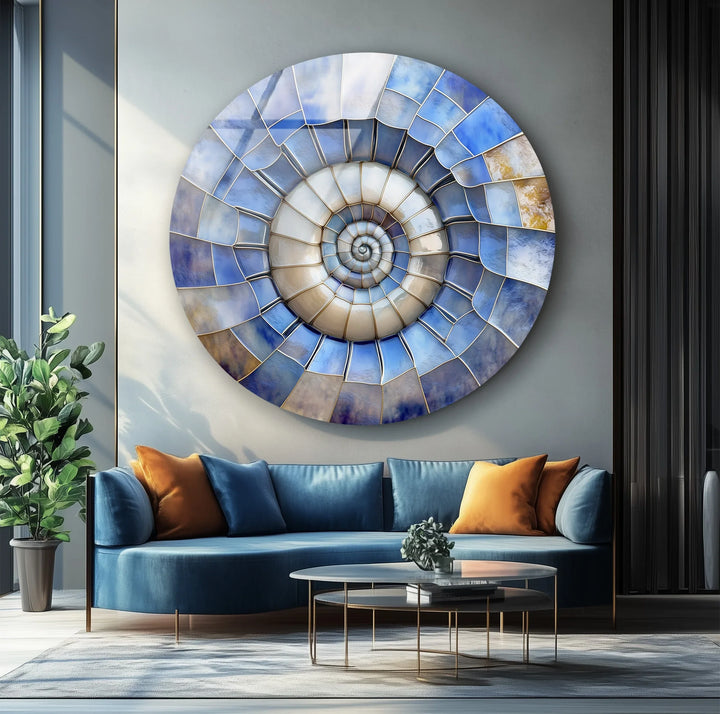 Ocean Spiral Shell – Blue & Sand Round Glass Wall Art - MyPhotoStation