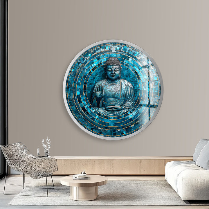 Tranquil Mosaic Buddha – Round Glass Wall Art