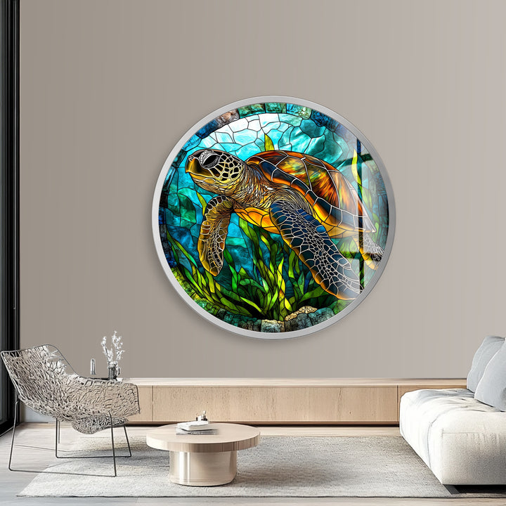 Sea Turtle Stained – Round Glass Wall Art