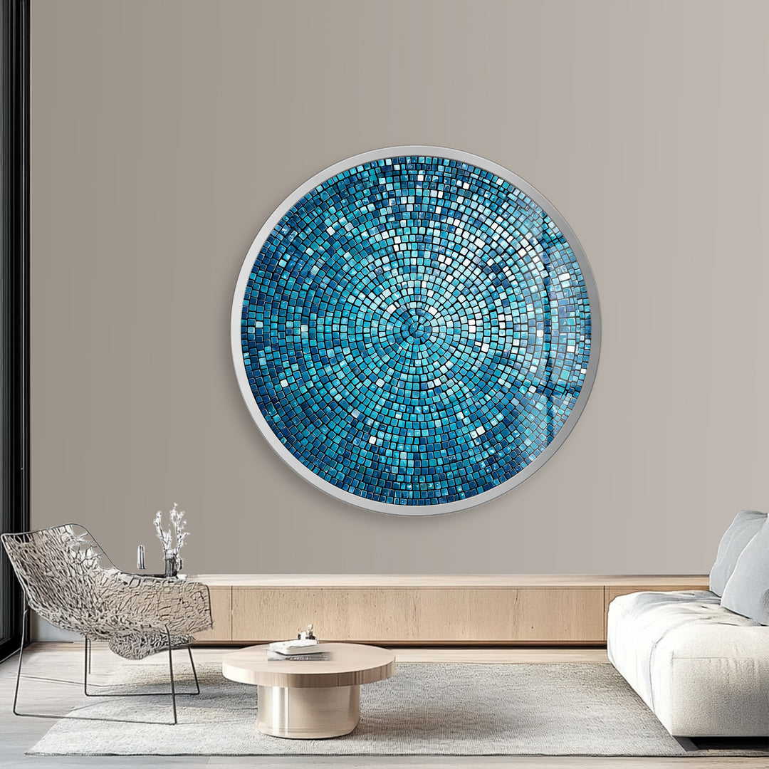 Azure Radiance Mosaic – Round Glass Wall Art
