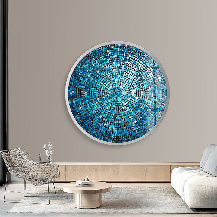 Azure Radiance Mosaic – Round Glass Wall Art
