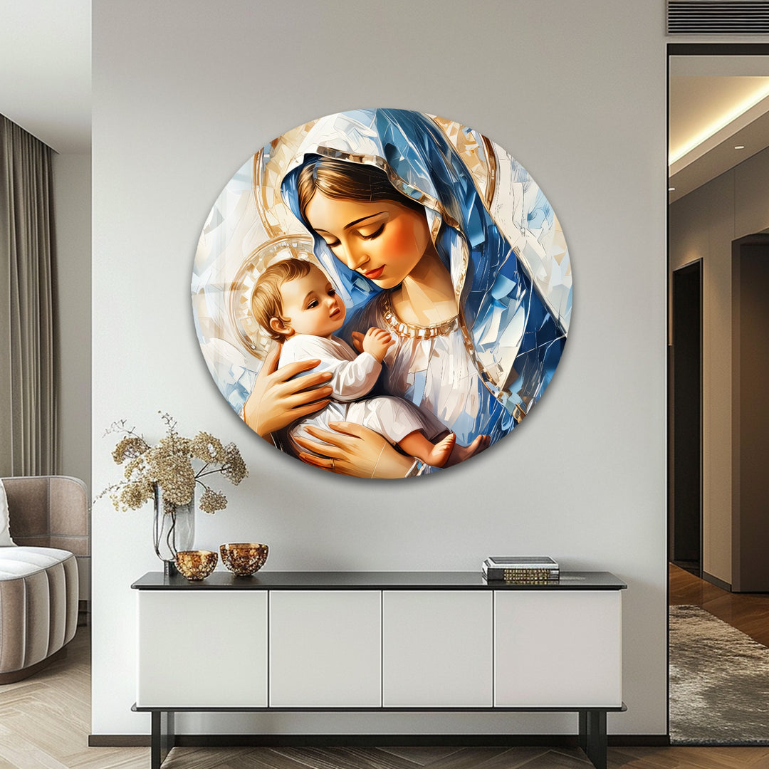 Divine Embrace – Virgin Mary and Child Jesus Glass Wall Art