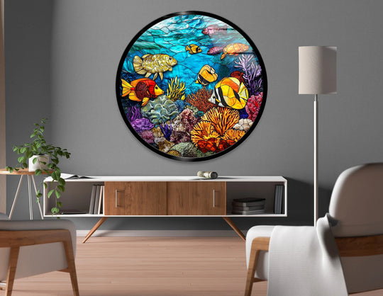 Intertwined corals and fluid forms evoke the ocean's depths in this round glass vibrant coral reef scene print wall art.