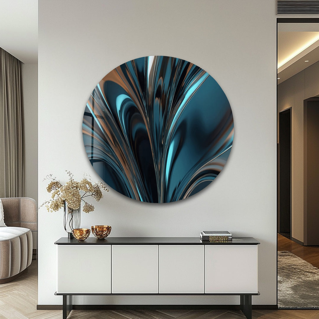 Midnight Aqua Surge – Abstract Teal Chrome Glass Wall Art
