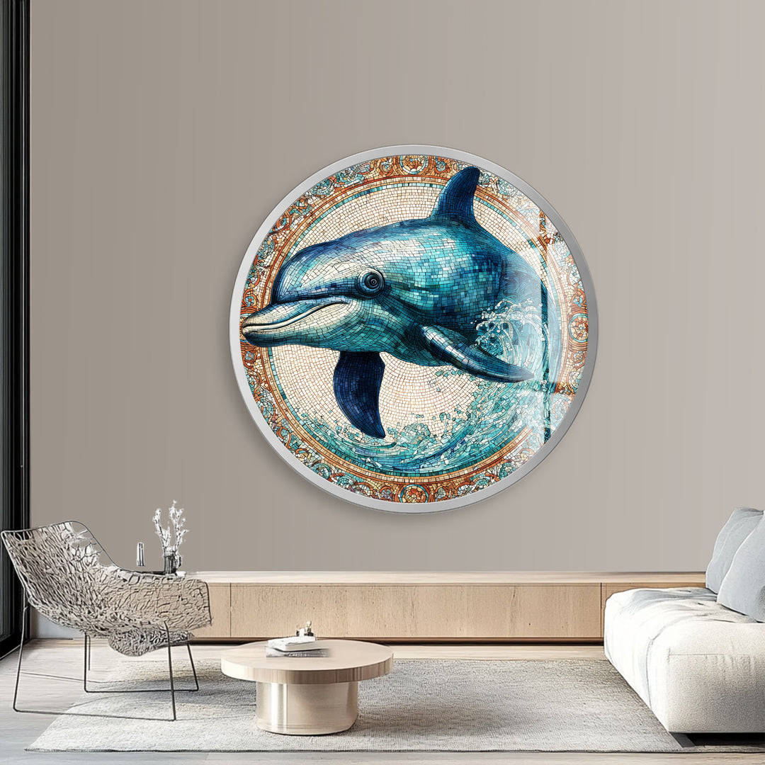 Cerulean Joy Dolphin – Round Glass Wall Art