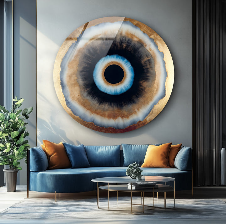 Modern symbolic glass artwork inspired by the evil eye motif