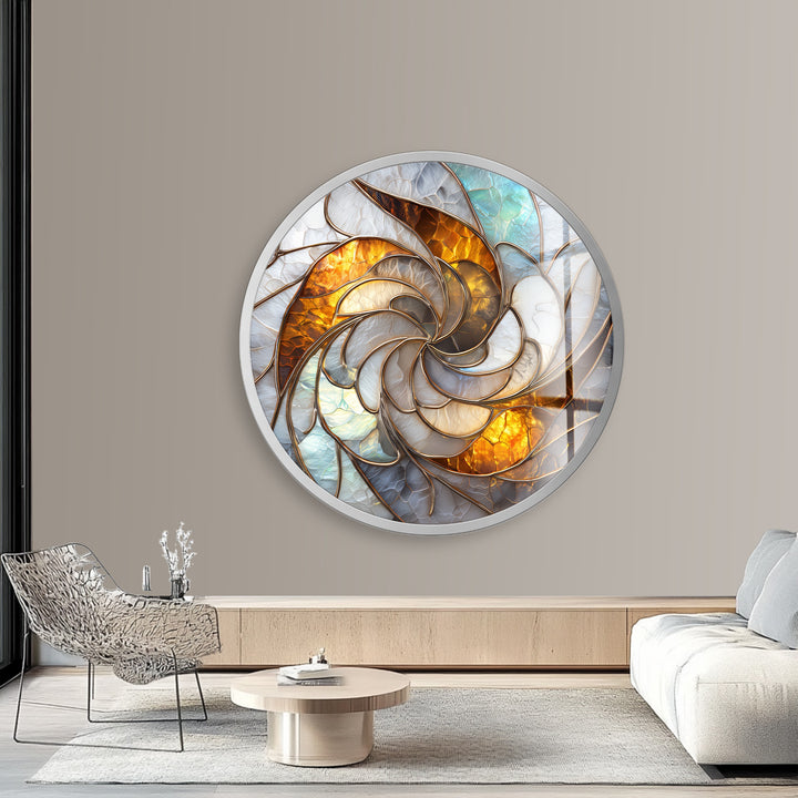 Golden Spiral Radiance – Round Glass Wall Art