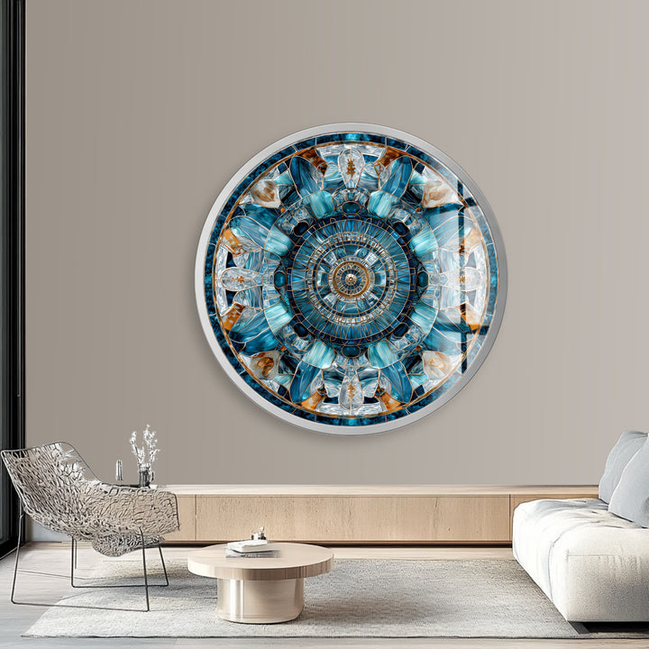 Celestial Compass Bloom – Round Glass Wall Art