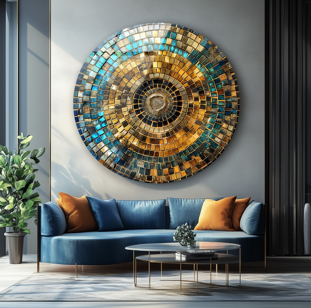 Golden Horizon – Mosaic Circle Round Glass Wall Art