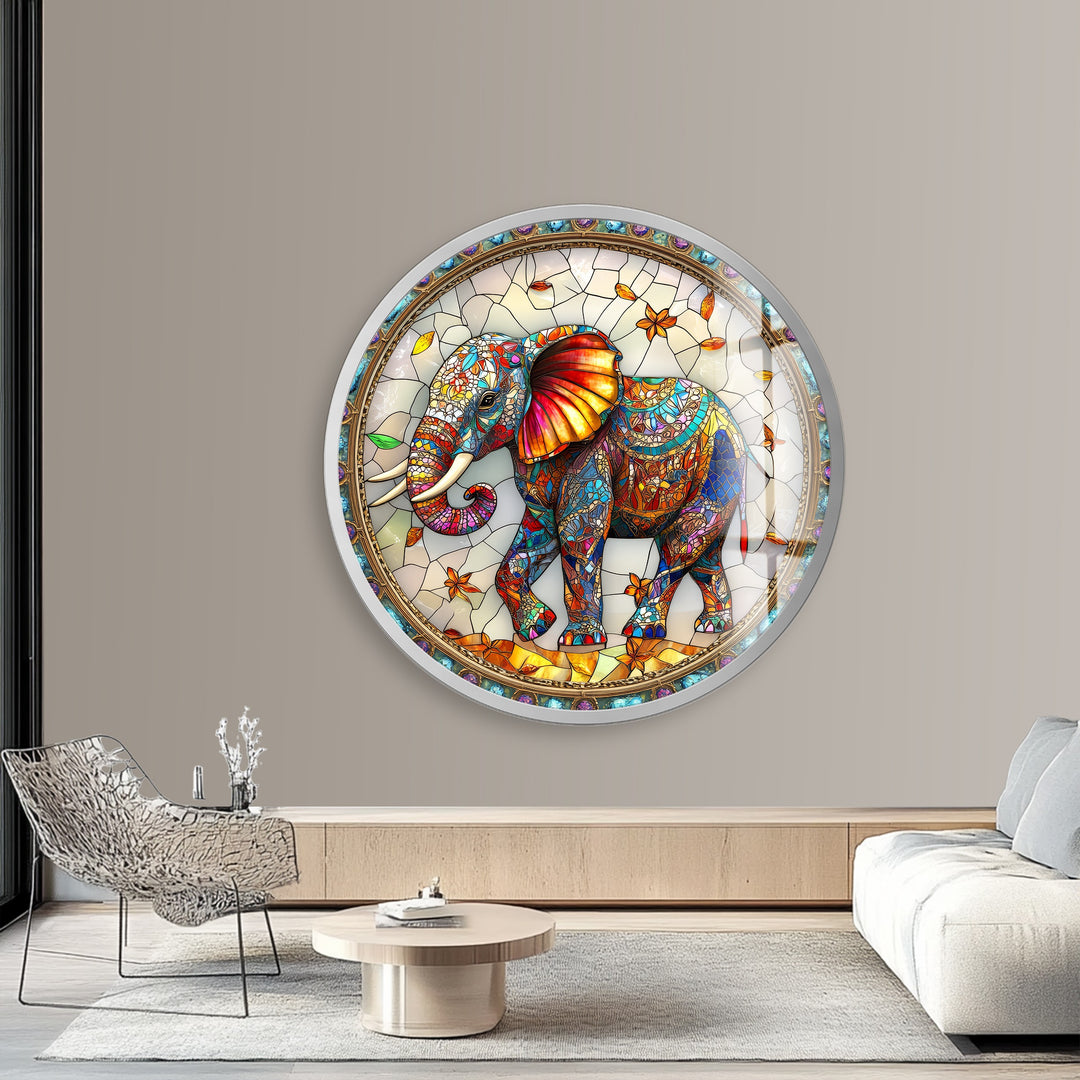 Majestic Mosaic Elephant – Round Glass Wall Art
