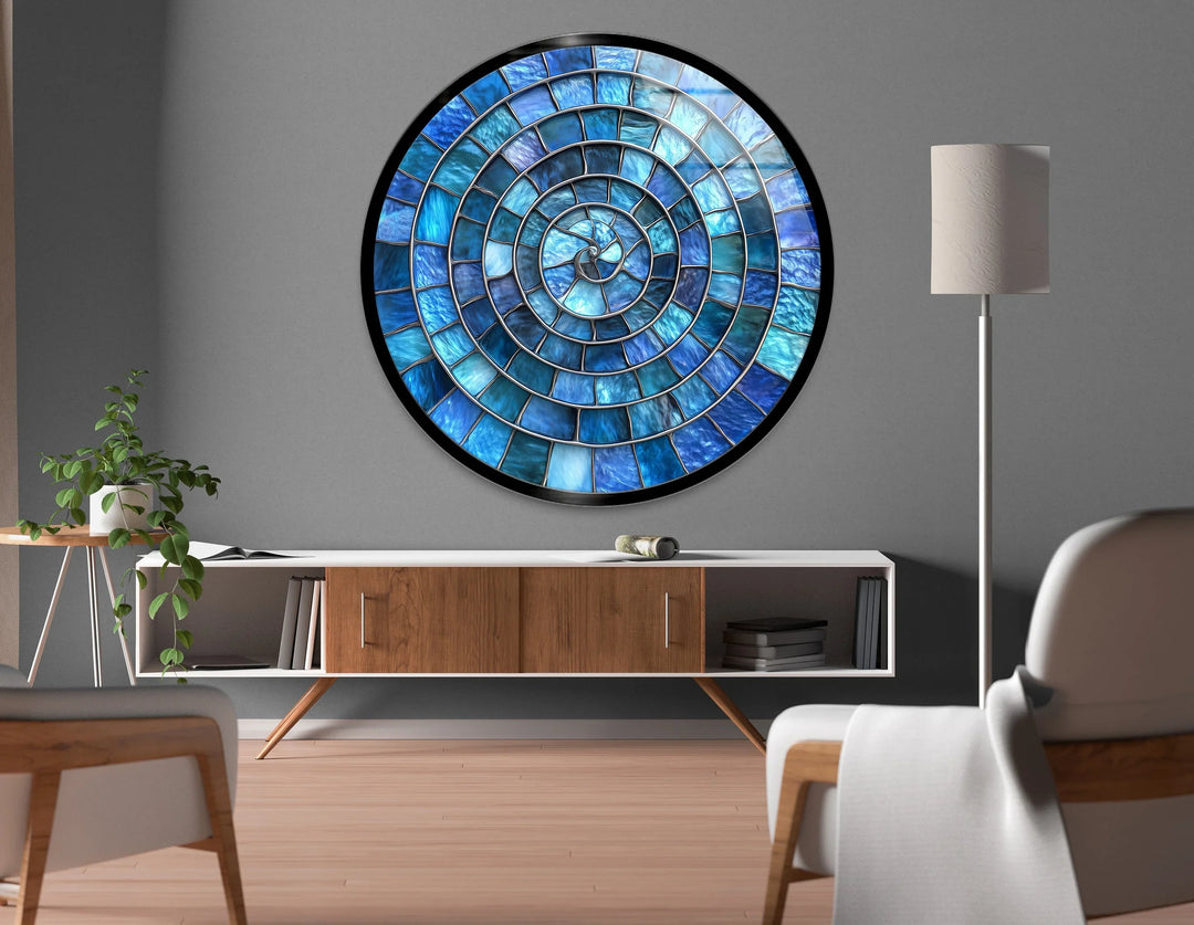 Blue Aqua Spiral Harmony – Round Glass Wall Art - MyPhotoStation