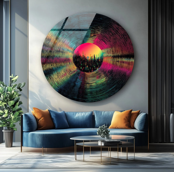 Neon Vinyl Cityscape – Round Glass Wall Art - MyPhotoStation
