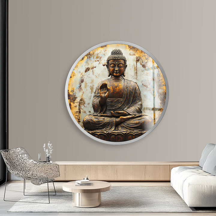 Rustic Buddha Calm – Round Glass Wall Art