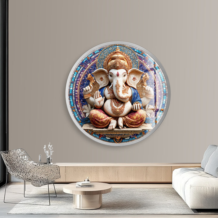 Divine Ganesha Mosaic – Round Glass Wall Art