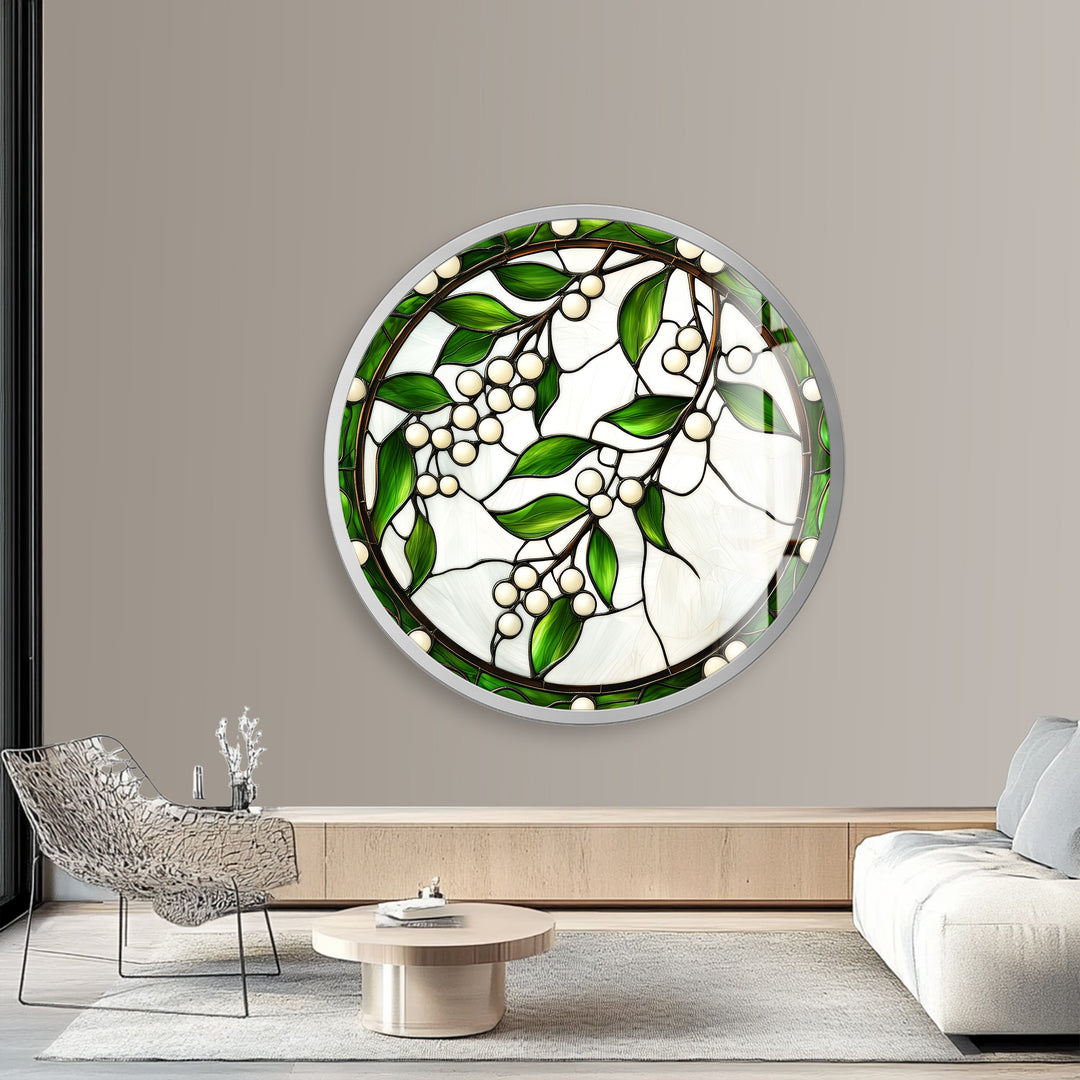 Emerald Berry Vines – Round Glass Wall Art