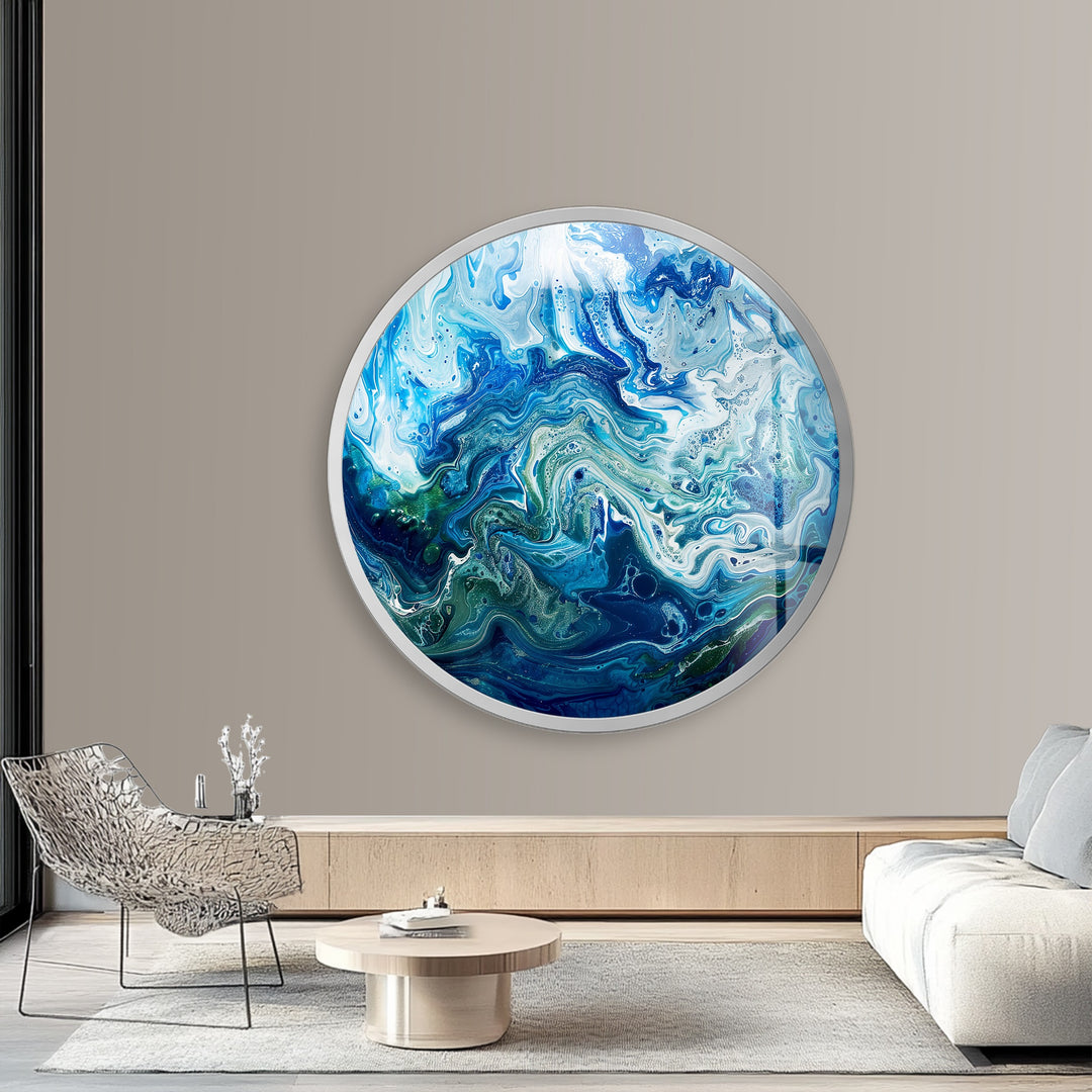 Ocean Veins – Blue Abstract Fluid Round Glass Wall Art