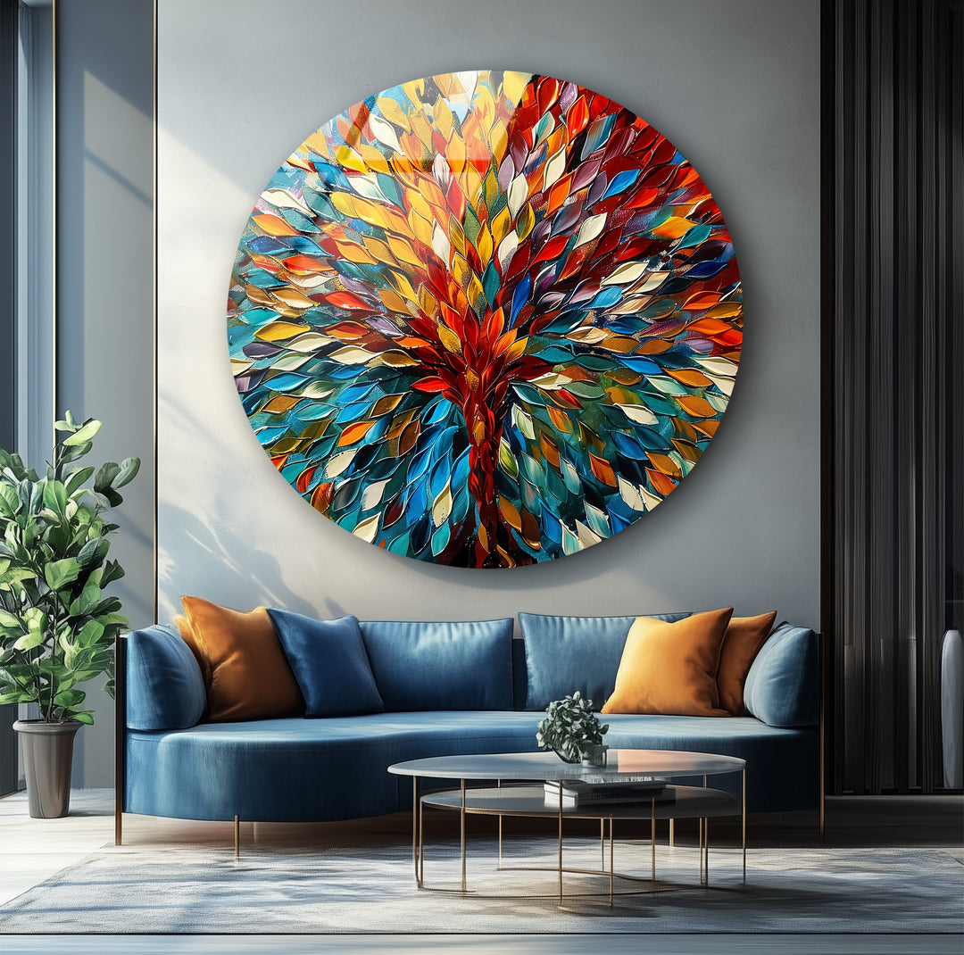 Eternal Bloom – Vibrant Tree of Life Round Glass Wall Art