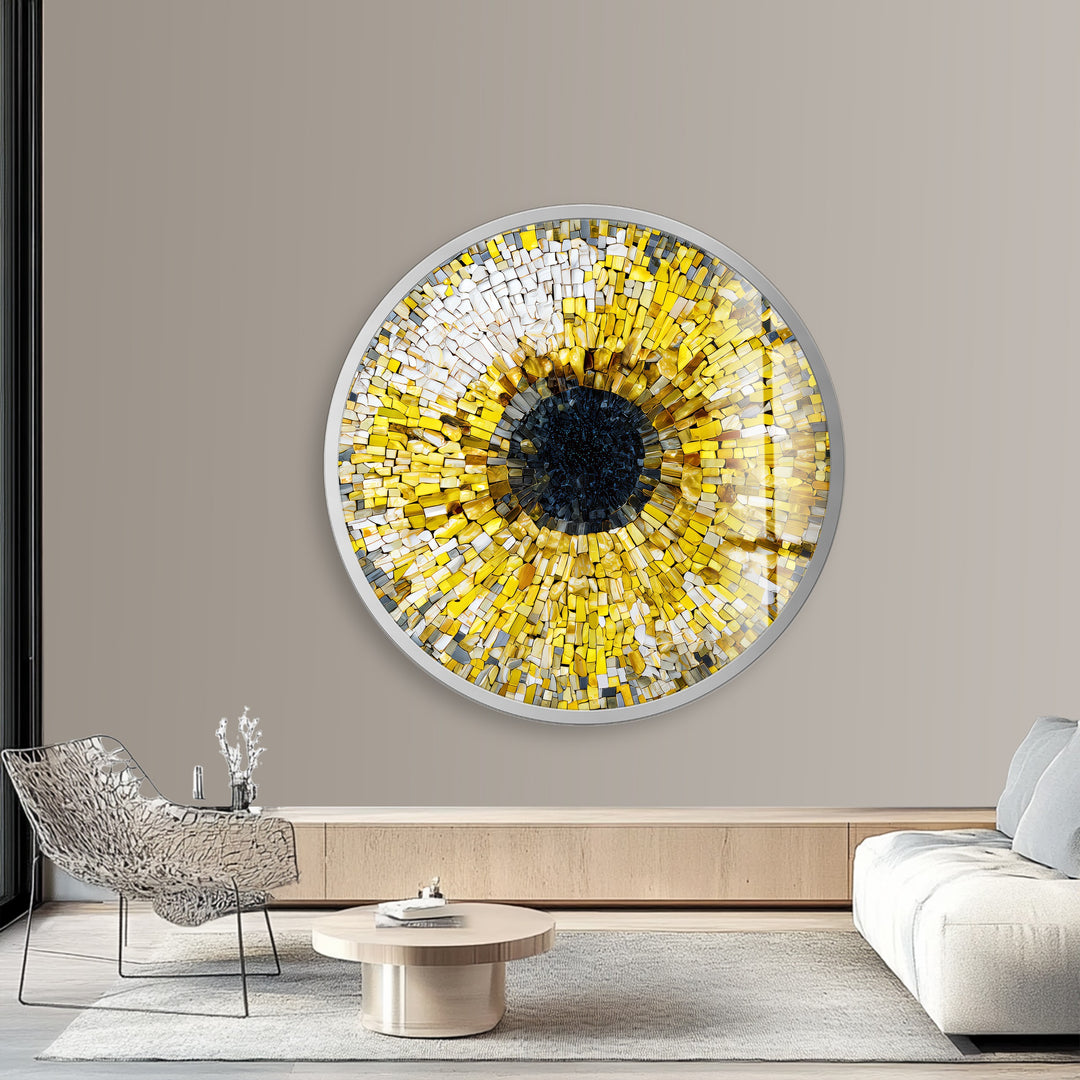 Golden Iris Mosaic – Round Glass Wall Art