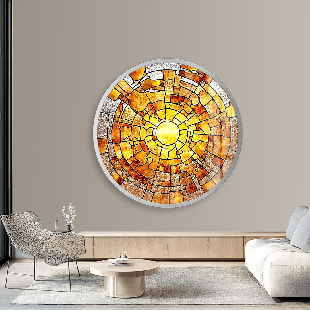 Amber Solar Burst – Round Glass Wall Art