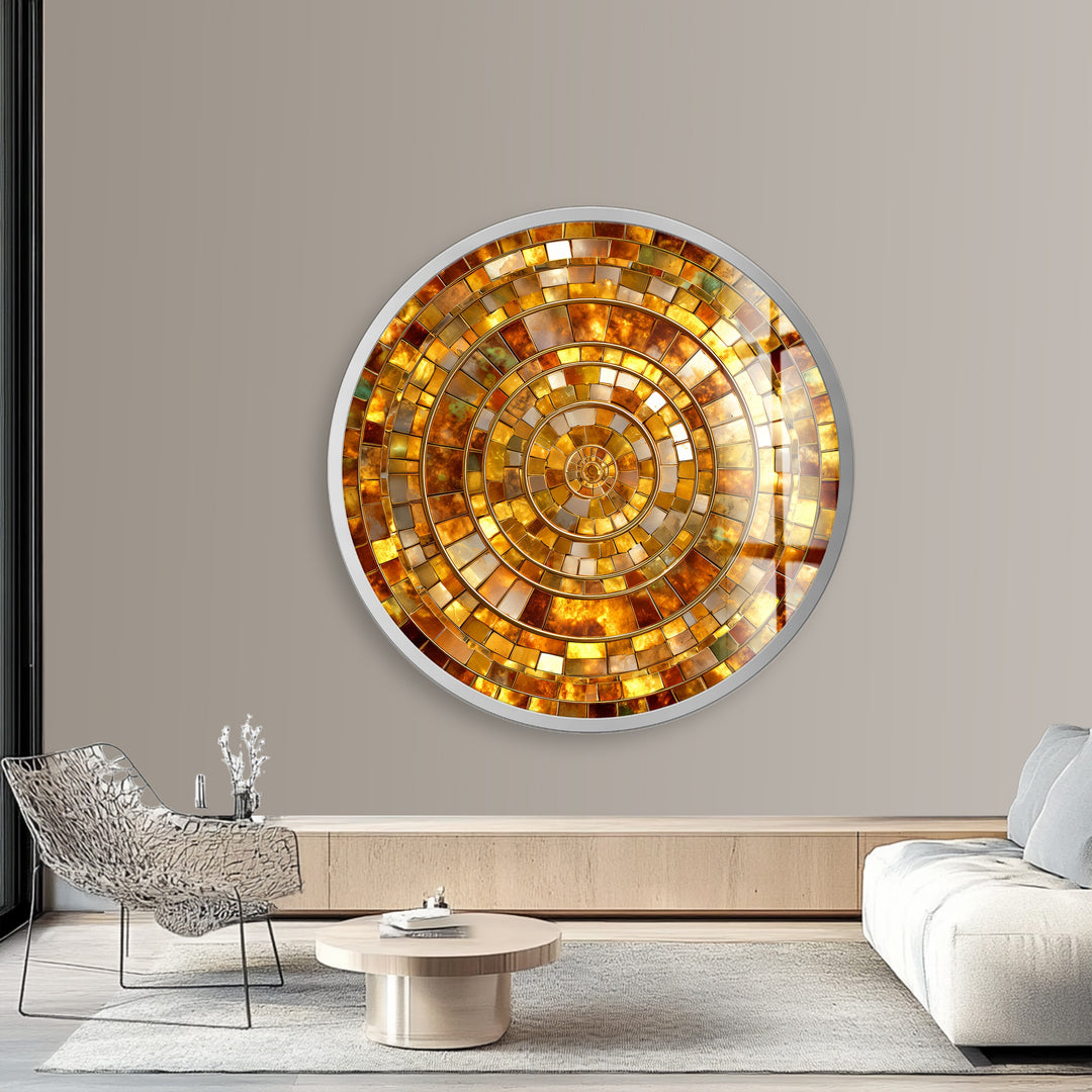 Golden Spiral Radiance – Gold Round Glass Wall Art