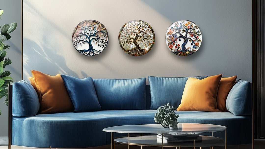 Mosaic Tree of Life Round Glass Wall Art Set – Nature-Inspired Glass Decor