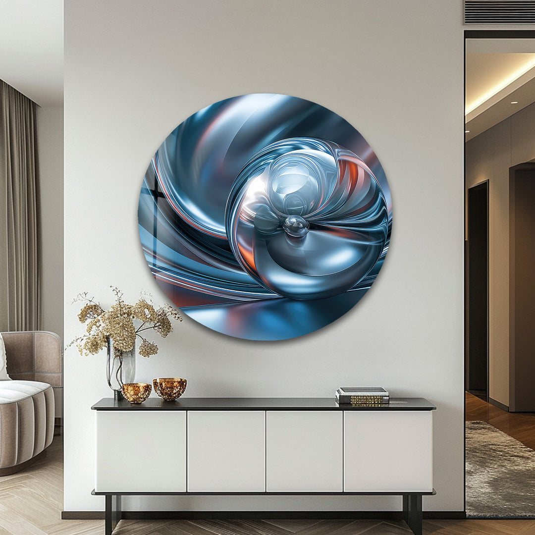 Chromatic Sphere Drift – Abstract Blue Silver Orb Glass Wall Art